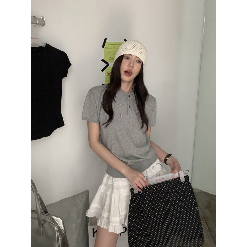 Halo Luu 灰色针织短袖polo衫女t恤夏季2026新款百搭刺绣经典上衣