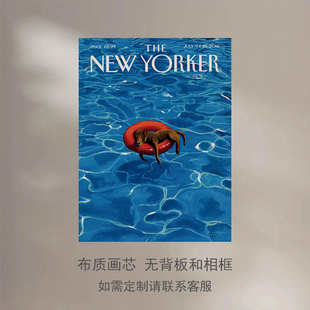 New Yorker纽约客封面夏天插画清凉游泳小狗海报装饰画芯无框画