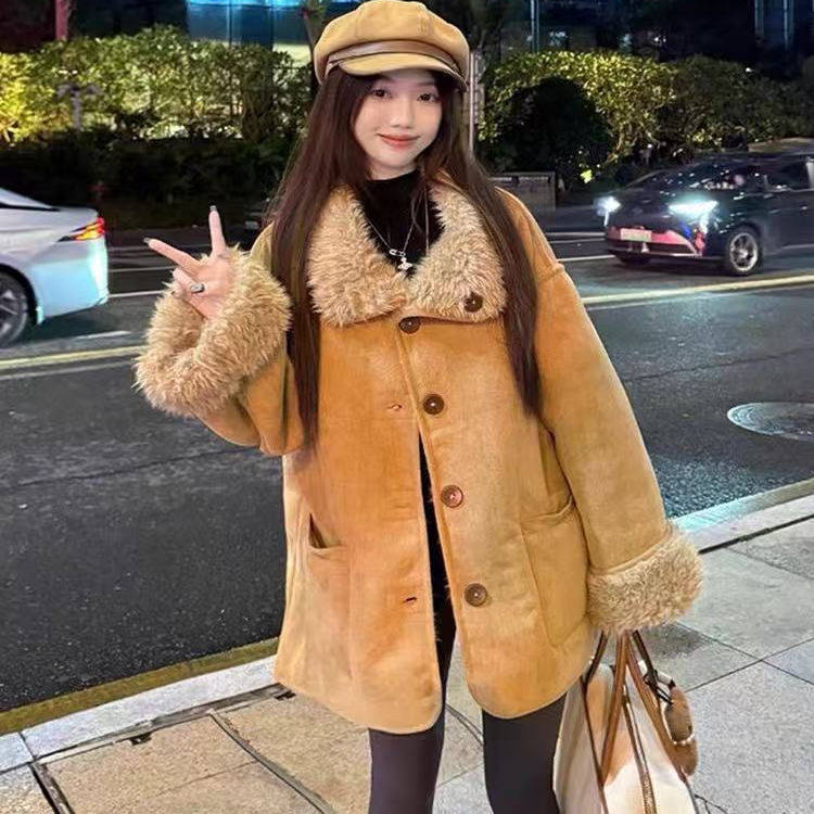 2025冬款两面穿羊羔毛外套女中长款皮毛一体加厚保暖大衣