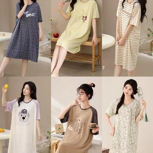 新款 宅姿彩睡裙女2025夏季 爽棉圆领卡通中裙胖MM家居服卡通可外穿