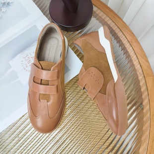 465 真皮软底牛皮魔术贴女鞋 休闲风圆头平底德训新款 慢先森