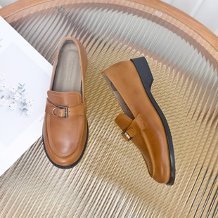 322 女英伦风一脚蹬圆头低跟小皮鞋 真皮金属扣乐福鞋 慢先森