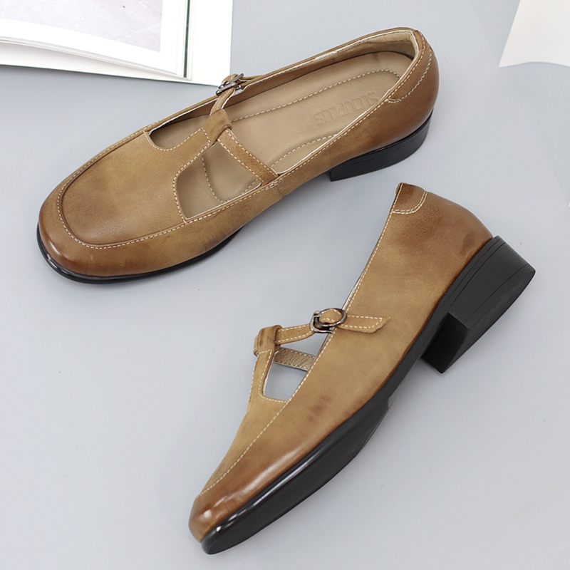 牛皮粗低跟丁字扣玛丽珍女士单鞋