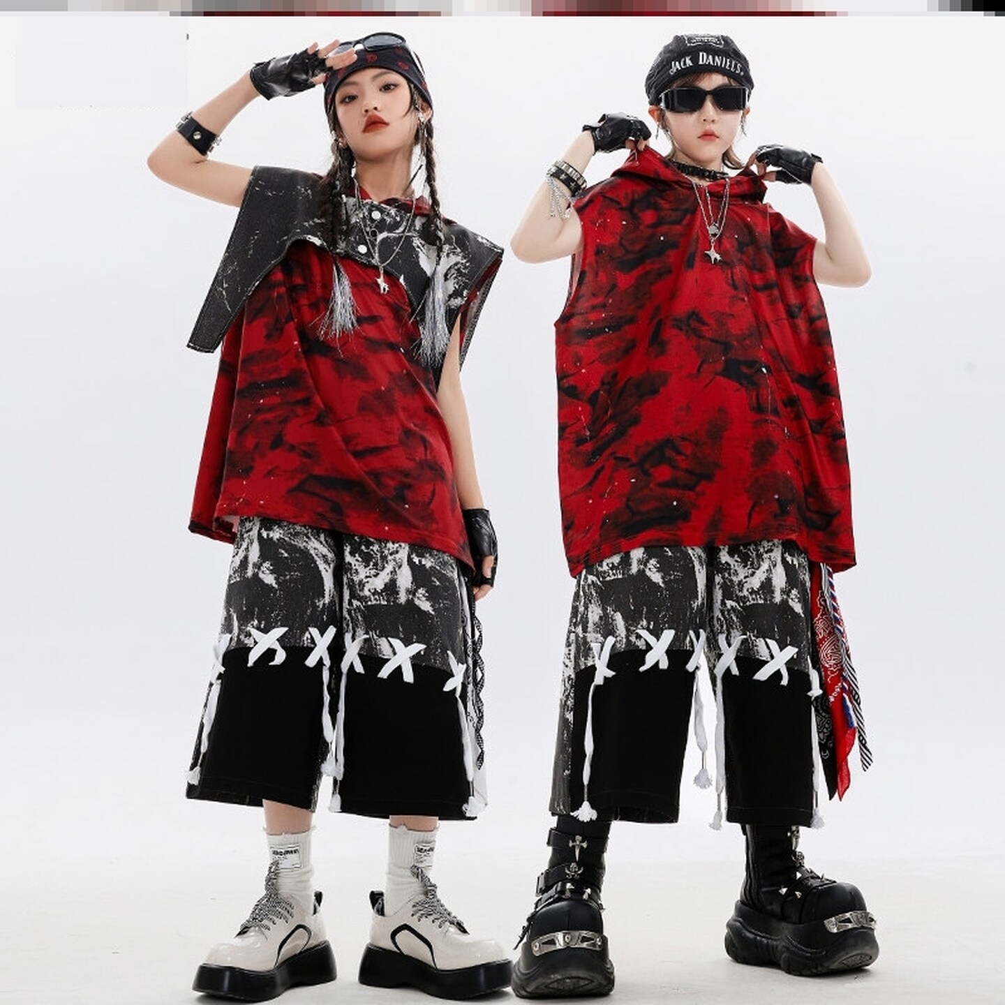 儿童街舞服演出服短袖帅气国风字母格子皮衣表演服衬衫酷帅迷彩裤