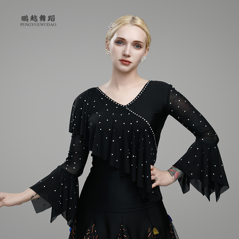 新款黑色冰丝喇叭袖网纱舞上衣