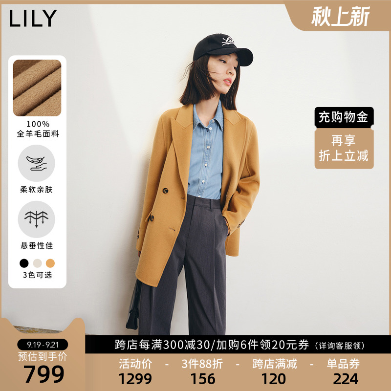 LILY2022冬新款女装舒适保暖全绵羊毛中长款毛呢外套小个子