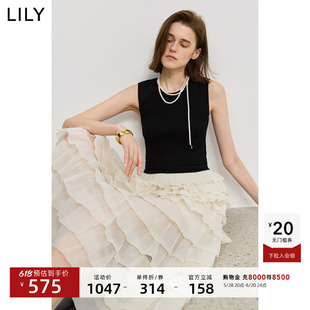 LILY2025夏新款复古气质休闲通勤收腰拼接无袖背心连衣裙蛋糕裙女