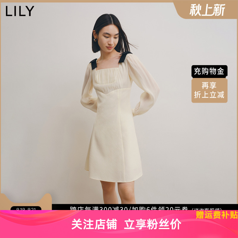 LILY2022冬新款女装优雅复古法式方领气质温柔通勤修身A字连衣裙 女装/女士精品 连衣裙 原图主图