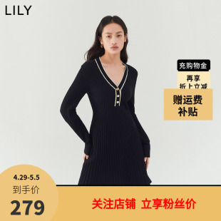 商场同款 LILY2022冬新款 女装 连衣裙 气质V领复古灯笼袖 针织款