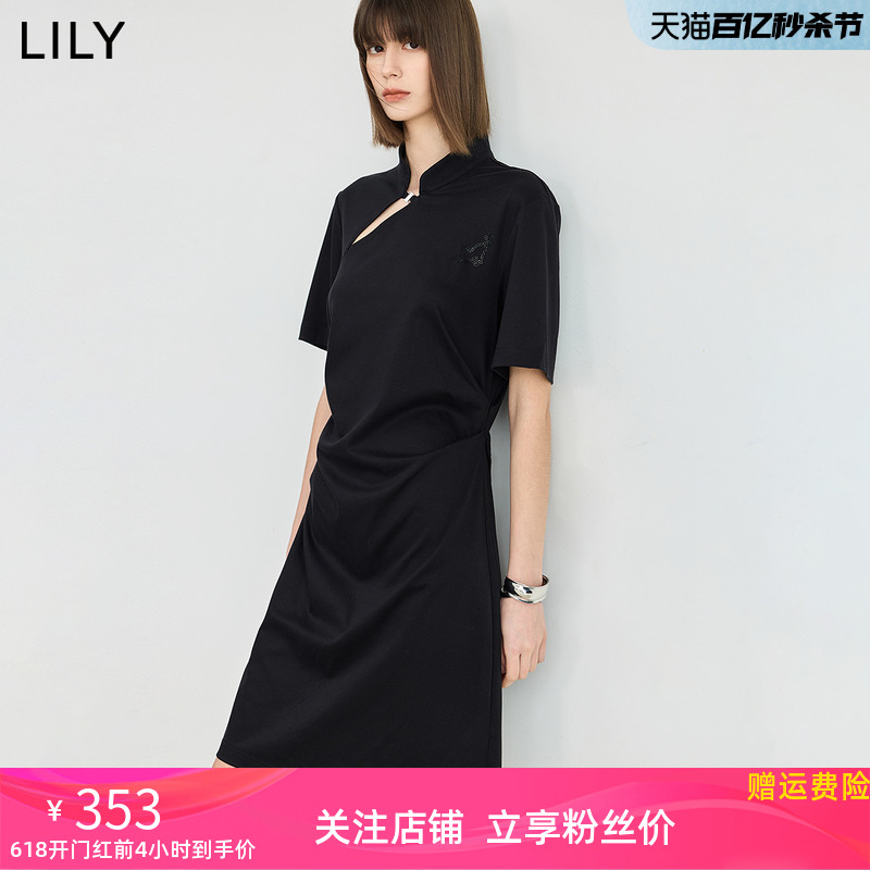 新中式旗袍连衣裙LILY24夏新款复古通勤优雅不对称抽褶收腰小黑裙