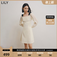 LILY2022冬新款女装优雅复古法式方领气质温柔通勤修身A字连衣裙