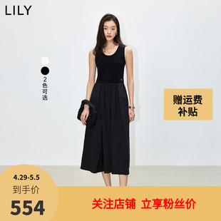 抗菌防晒 LILY2024夏新款 UPF50 拼接针织通勤垂坠小黑裙连衣裙