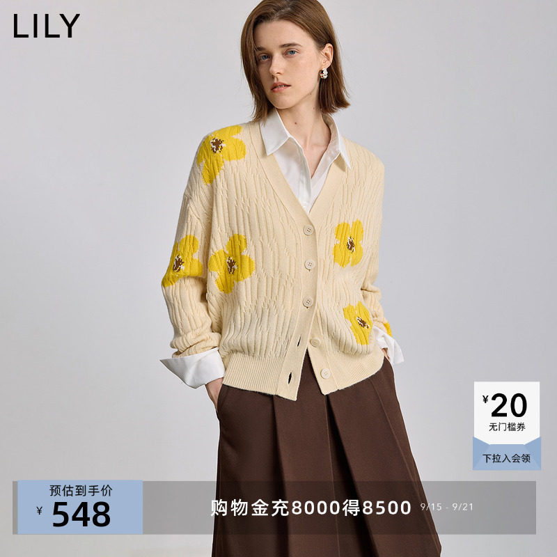 LILY2025冬新款女装羊毛混纺撞色幸运花提花V领针织开衫外套毛衣,女装/女士精品,毛针织衫,淘宝优惠券,粉丝福利购,淘宝优惠卷