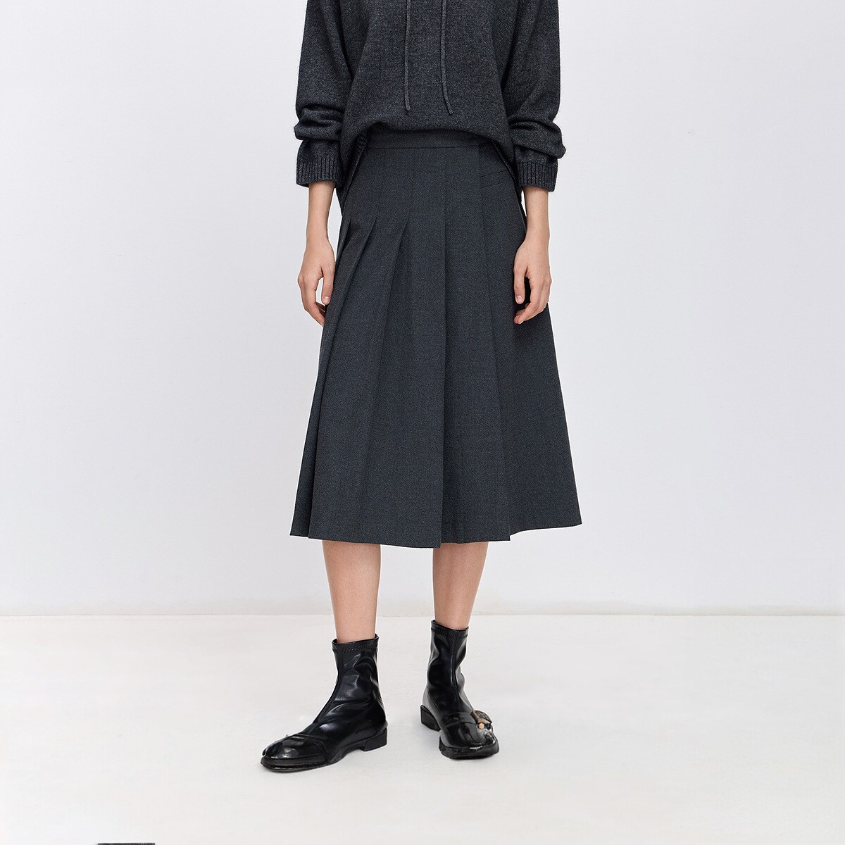 LILY2026春秋新款女装学院风小个子高端休闲百褶裙高腰灰色半身裙