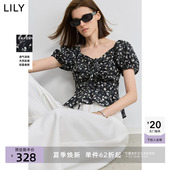 短款 LILY2025夏新款 复古老花系带领百搭套头衫 莱赛尔亚麻法式 女装