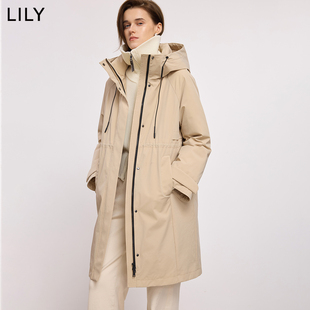 LILY2025冬新款简约撞色立领连帽90鸭绒宽松通勤羽绒服外套女长款