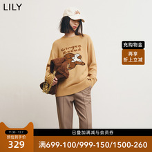 LILY2022冬新款女装趣味时尚俏皮减龄提花显瘦落肩圆领长袖针织衫