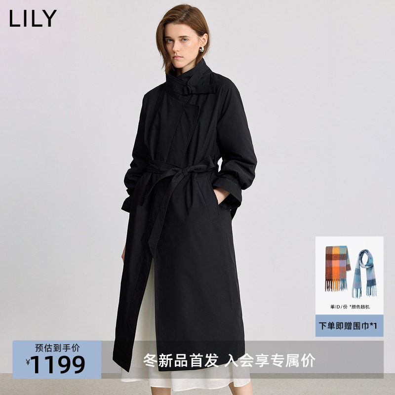 LILY2025冬新款简约立领90鸭绒宽松休闲通勤黑色羽绒服长款外套女