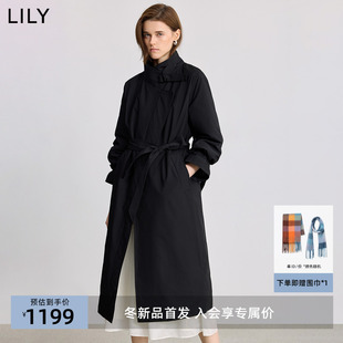LILY2025冬新款简约立领90鸭绒宽松休闲通勤黑色羽绒服长款外套女