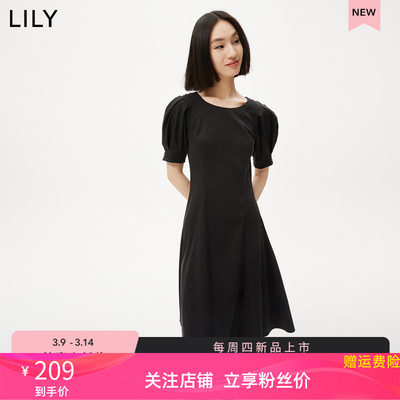 LILY2023夏新款女装气质复古泡泡袖时尚通勤简洁圆领连衣裙小黑裙