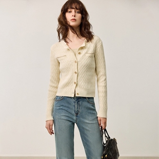 LILY2026春新款女装小香风含绵羊毛通勤短款修身米色针织开衫外套