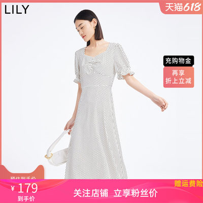 LILY2022夏新款女装复古法式方领慵懒浪漫泡泡袖收腰款显瘦连衣裙