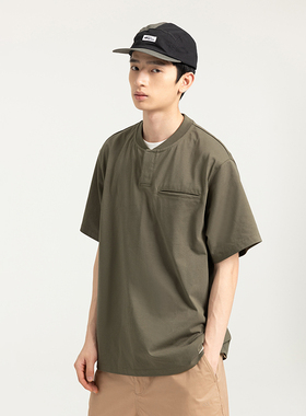 BuPaiDui 夏季新款亨利领拼色短袖T恤侧开叉基础刺绣百搭休闲宽松