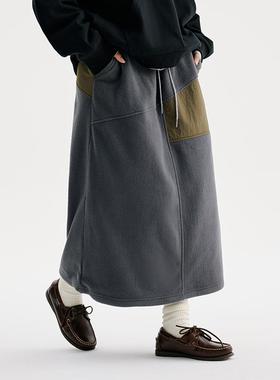 BuPaiDui 秋冬新款摇粒绒半身裙女复古拼接撞色反光logo运动长裙