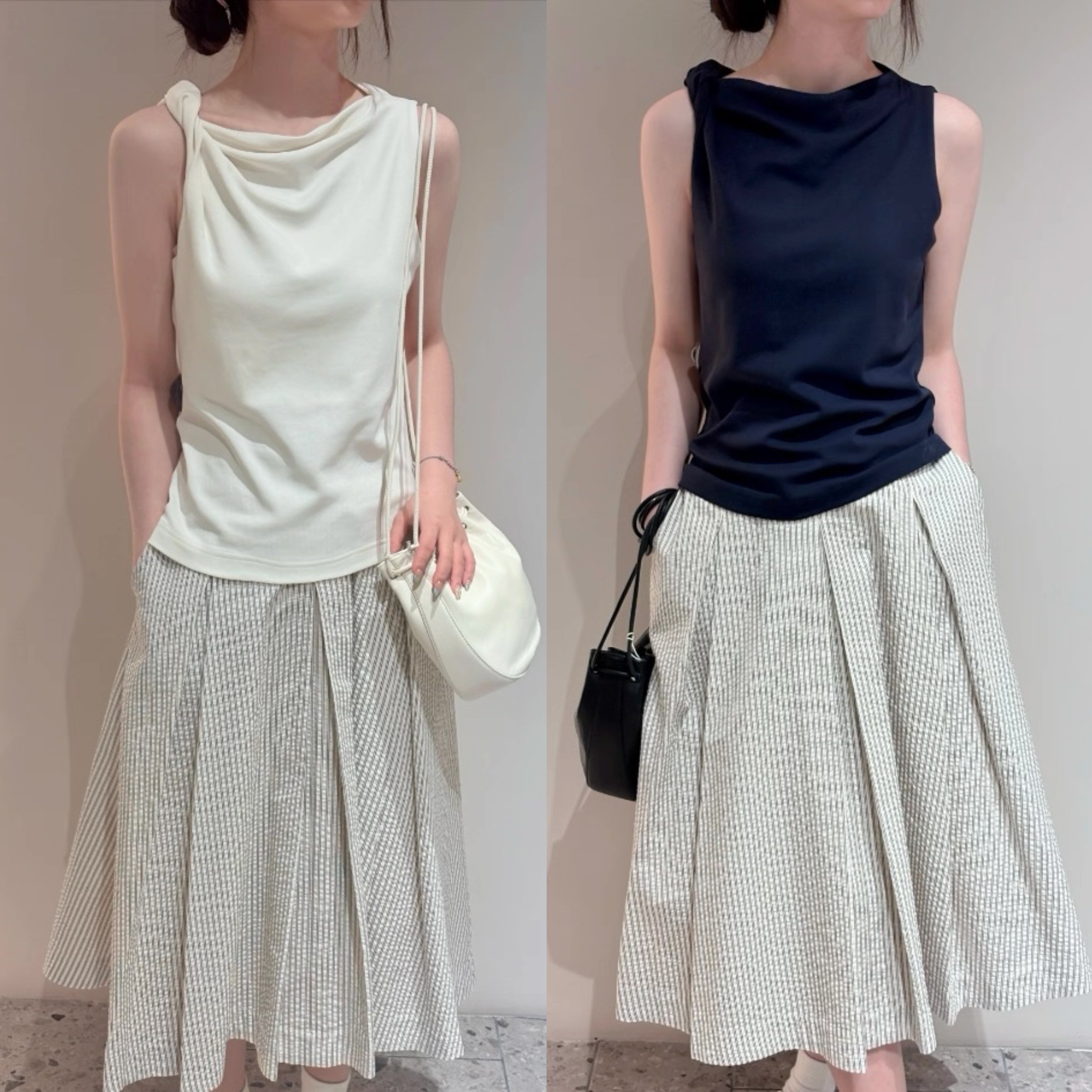 单肩扭结！法式环荡领~肩部不对称设计~气质船领无袖背心上衣