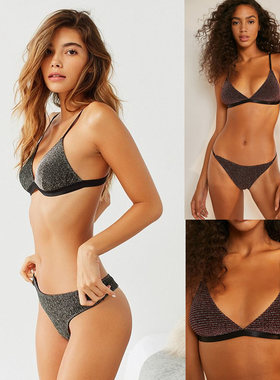 uo闪亮内衣小套装！镶嵌金银亮丝~暗红银色条纹~无钢圈文胸内裤