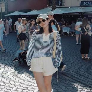 领口绑带针织长袖 海魂条纹防晒衫 点击详情进入新店拍