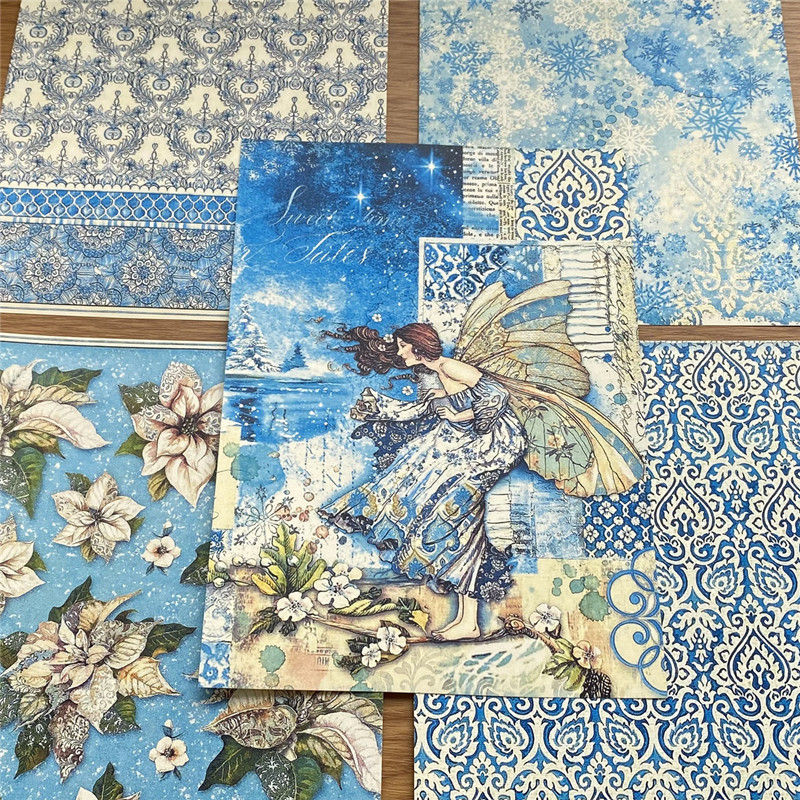 junk journal冬日冰蓝驯鹿少女扎包背景纸手帐拼贴装饰摆拍素材