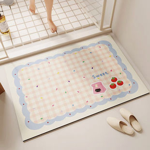 奶油风清新格子硅藻泥地垫可爱浴室卫生间吸水防滑脚垫耐脏地毯