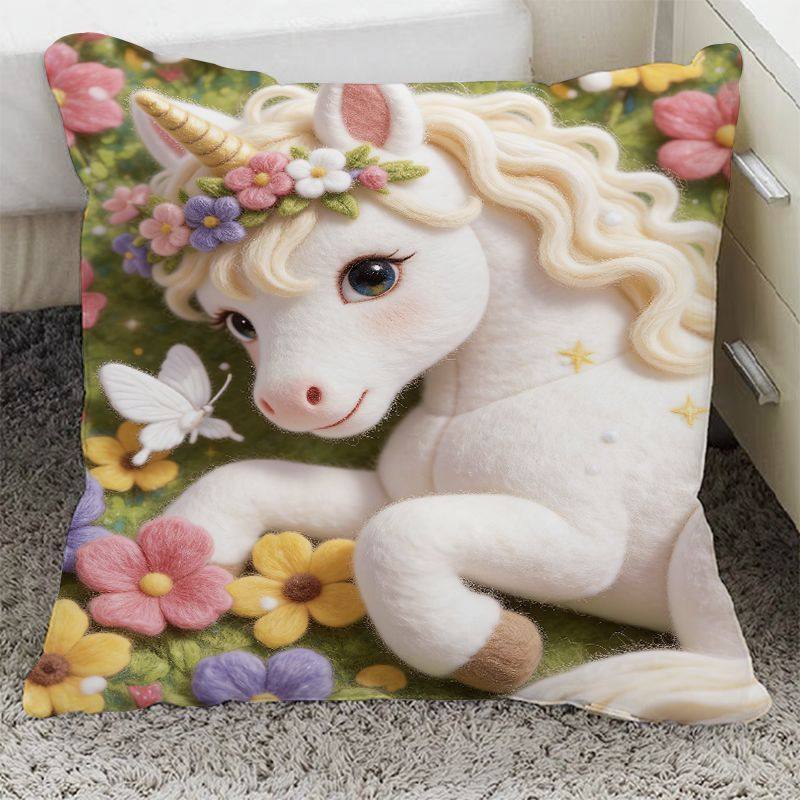 粉色花卉小白马抱枕平面印花正方形沙发飘窗摆件靠垫床头腰枕含芯
