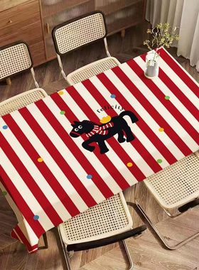 卡通小马红色条纹棋盘格桌布可爱高级感新年茶几餐书桌氛围装饰布