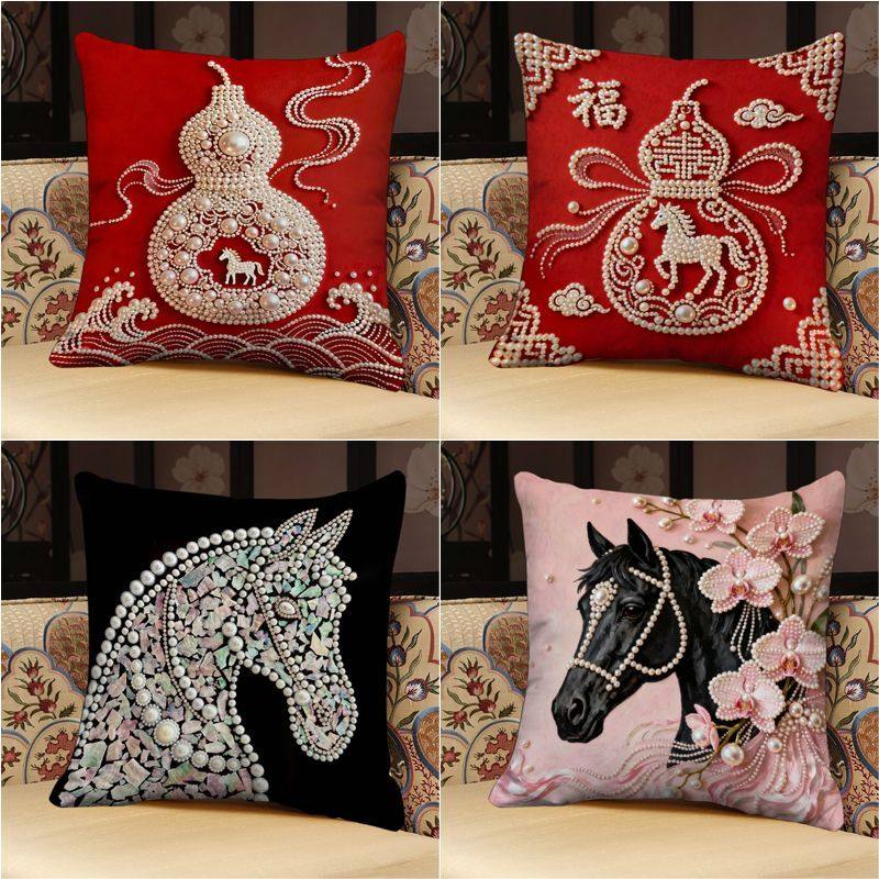 ins马年轻奢抱枕红色花卉吉祥装饰珍珠印花平面靠枕超软沙发靠枕