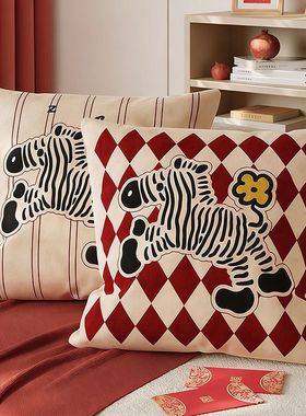 红色新年沙发抱枕马年抱枕靠背垫床头靠枕过年装饰品含芯可拆洗