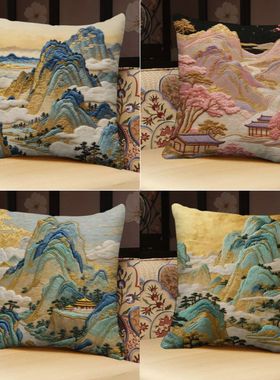 中式仿刺绣秀丽山水抱枕平面印花高雅客厅沙发茶室靠枕套座椅摆件