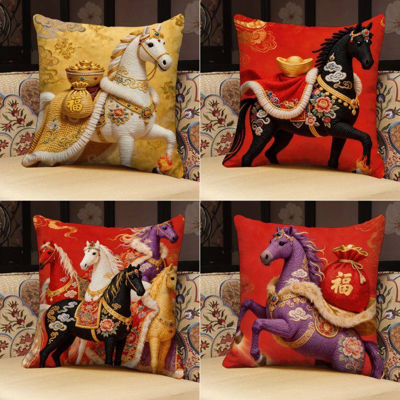 马年针织印花抱枕短毛绒方形超软客厅沙发茶室靠枕飘窗车载靠背,居家布艺,靠垫/抱枕,淘宝优惠券,粉丝福利购,淘宝优惠卷