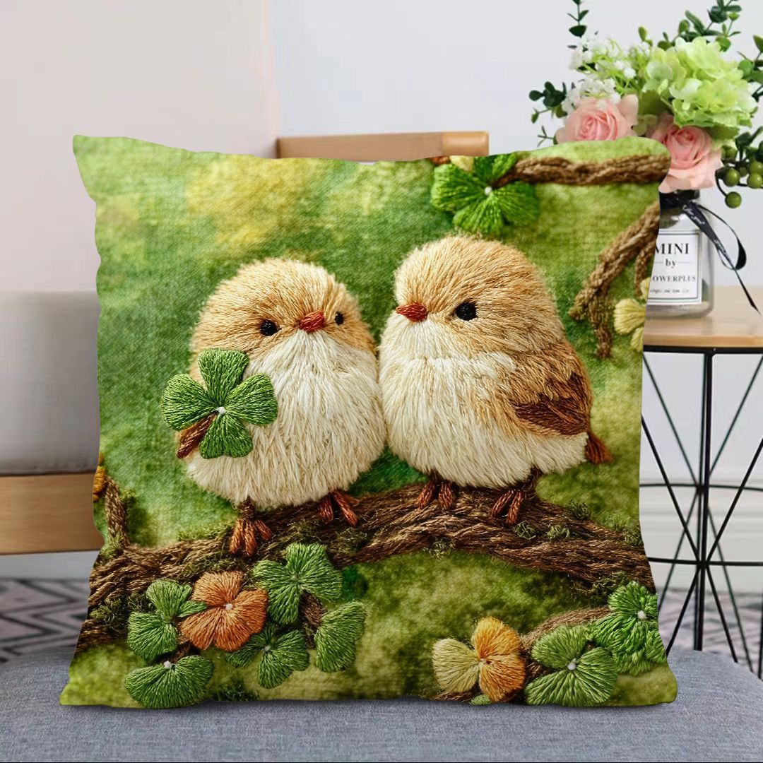 爆款四叶草小鸟刺绣平面印花抱枕床头居家枕办公室午睡枕沙发枕头