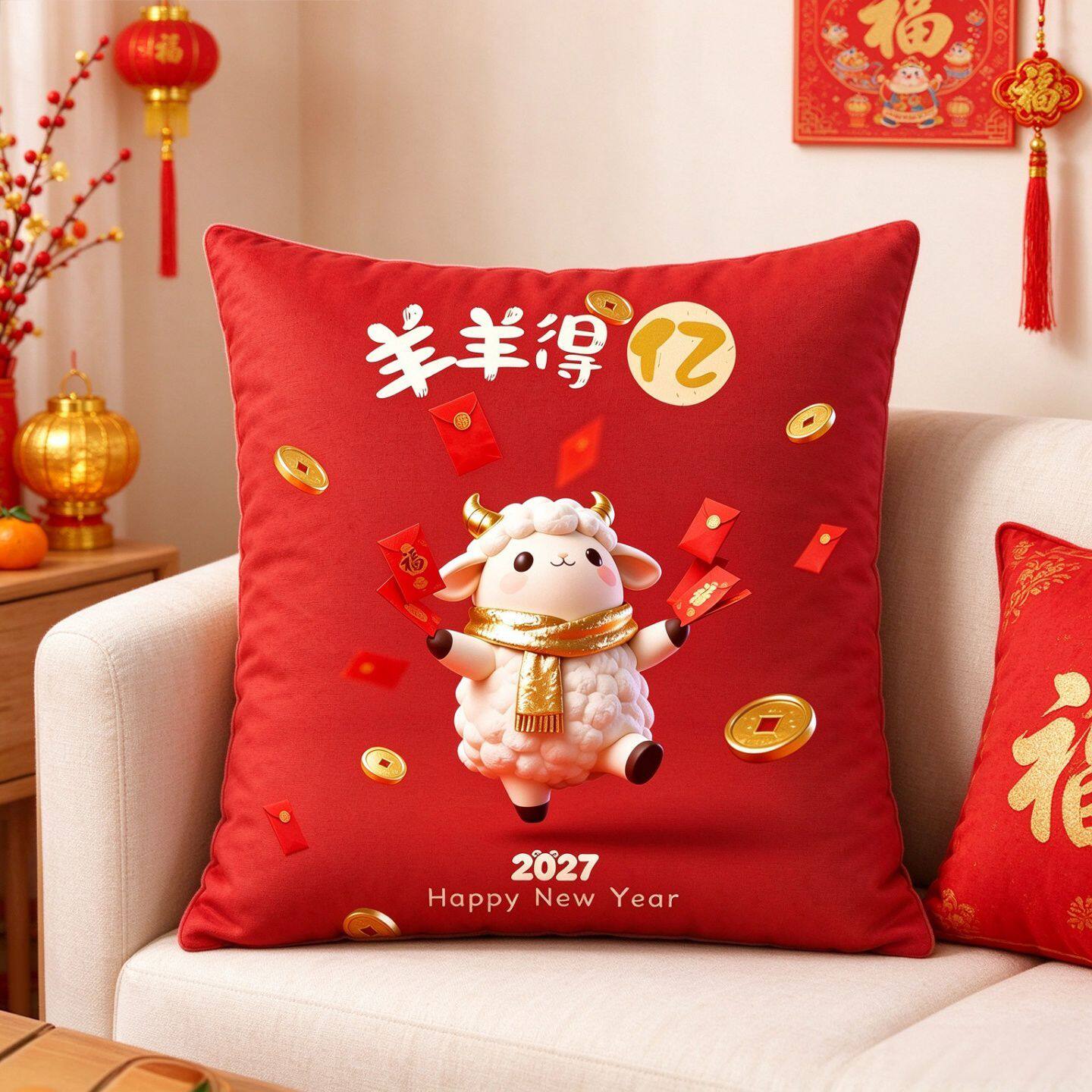 羊羊得亿萌羊抱枕枕套新年红包铜钱喜庆客厅沙发吉祥装饰布艺靠枕