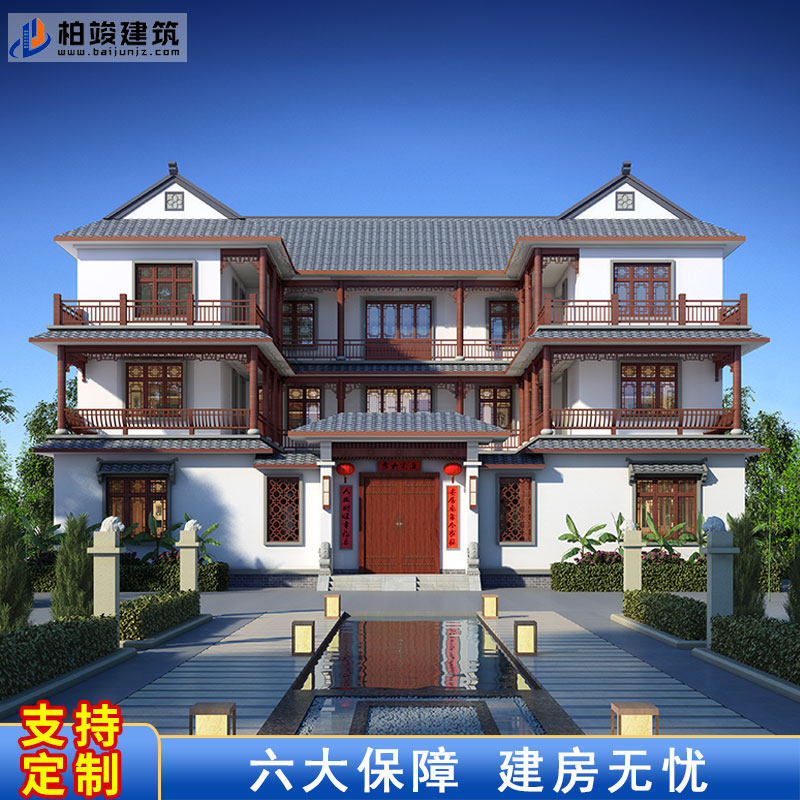 bj3599三层中式四合院别墅设计图纸乡村新农村自建房效果图施工图