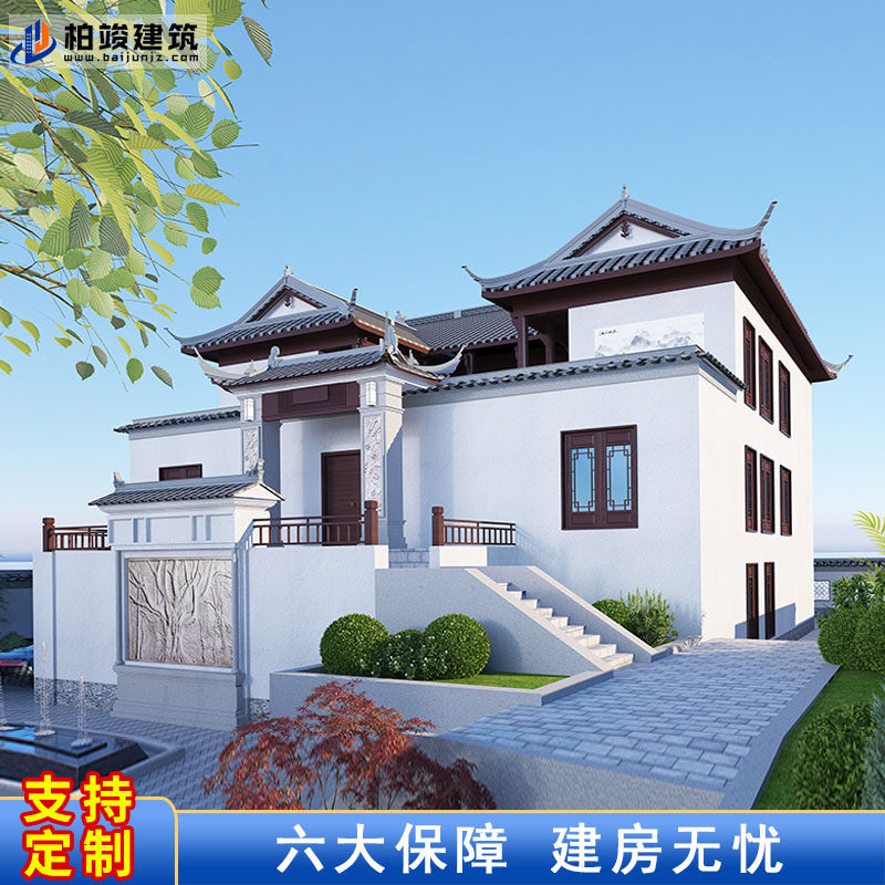 bj381三层新中式四合院复式别墅设计图纸乡村自建房带车库地下室