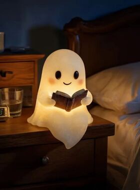 Cute Ghost Reading Book Lamp可爱的幽灵阅读万圣节幽灵夜灯摆件