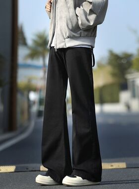 美式小弯刀黑色牛仔裤宽松高街男女款设计感水洗裤