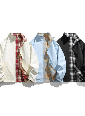 双面穿经典拼色格子立领防风运动夹克外套