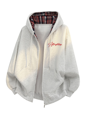 美式复古格纹花体字logo开衫拉链连帽卫衣