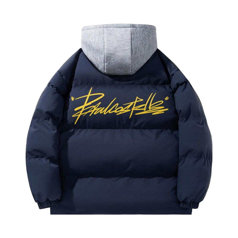 高级感艺术签名字体美式高街假两件连帽保暖棉衣棉服