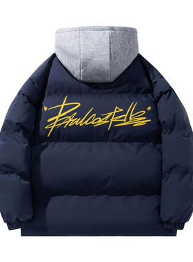 高级感艺术签名字体美式高街假两件连帽保暖棉衣棉服