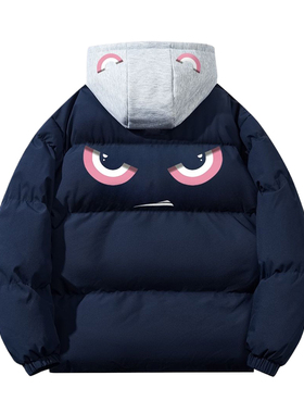 美式连帽假两件印花字母加厚外套棉衣棉服